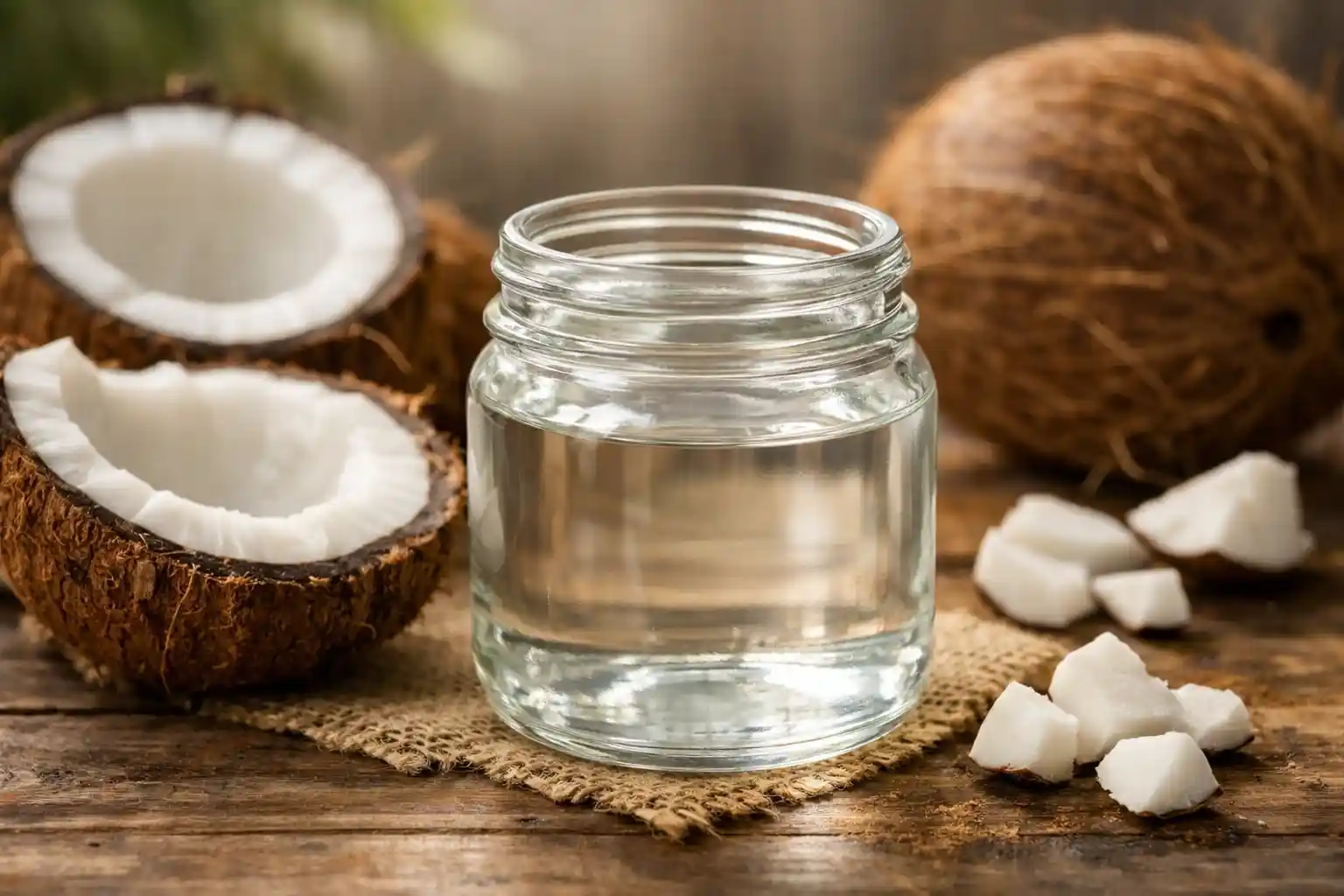 Fresh coconut oil with whole and cracked coconuts in natural light
