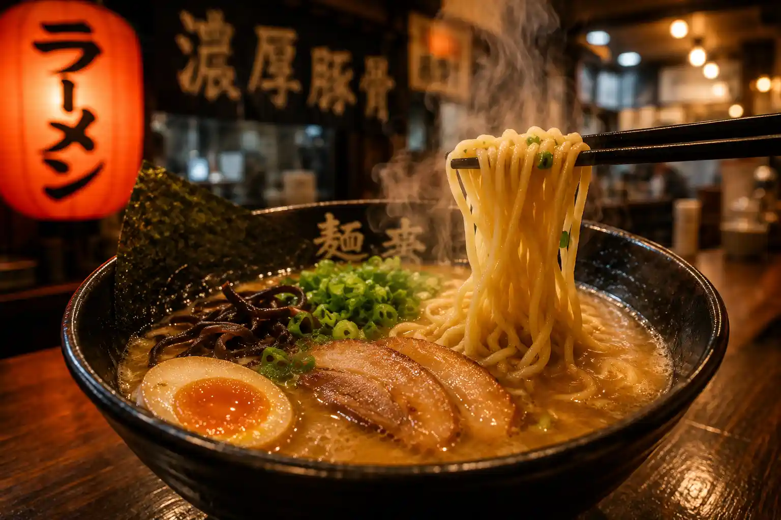 Authentic Japanese ramen bowl with chopsticks lifting steaming noodles