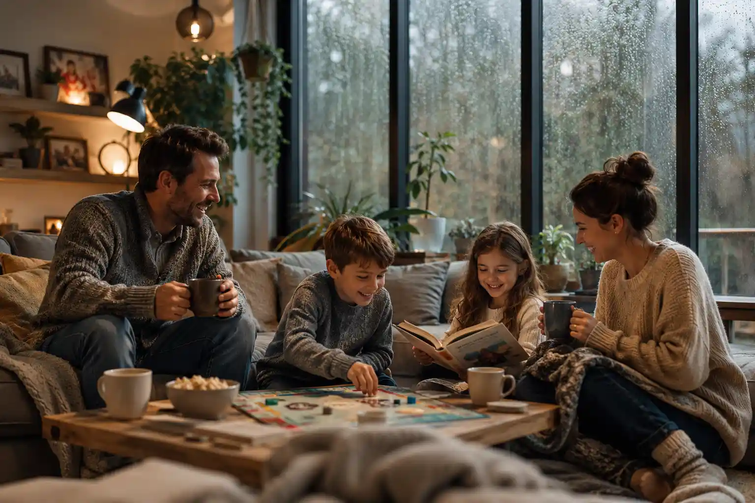 Family enjoying fun indoor activities during a rainy afternoon