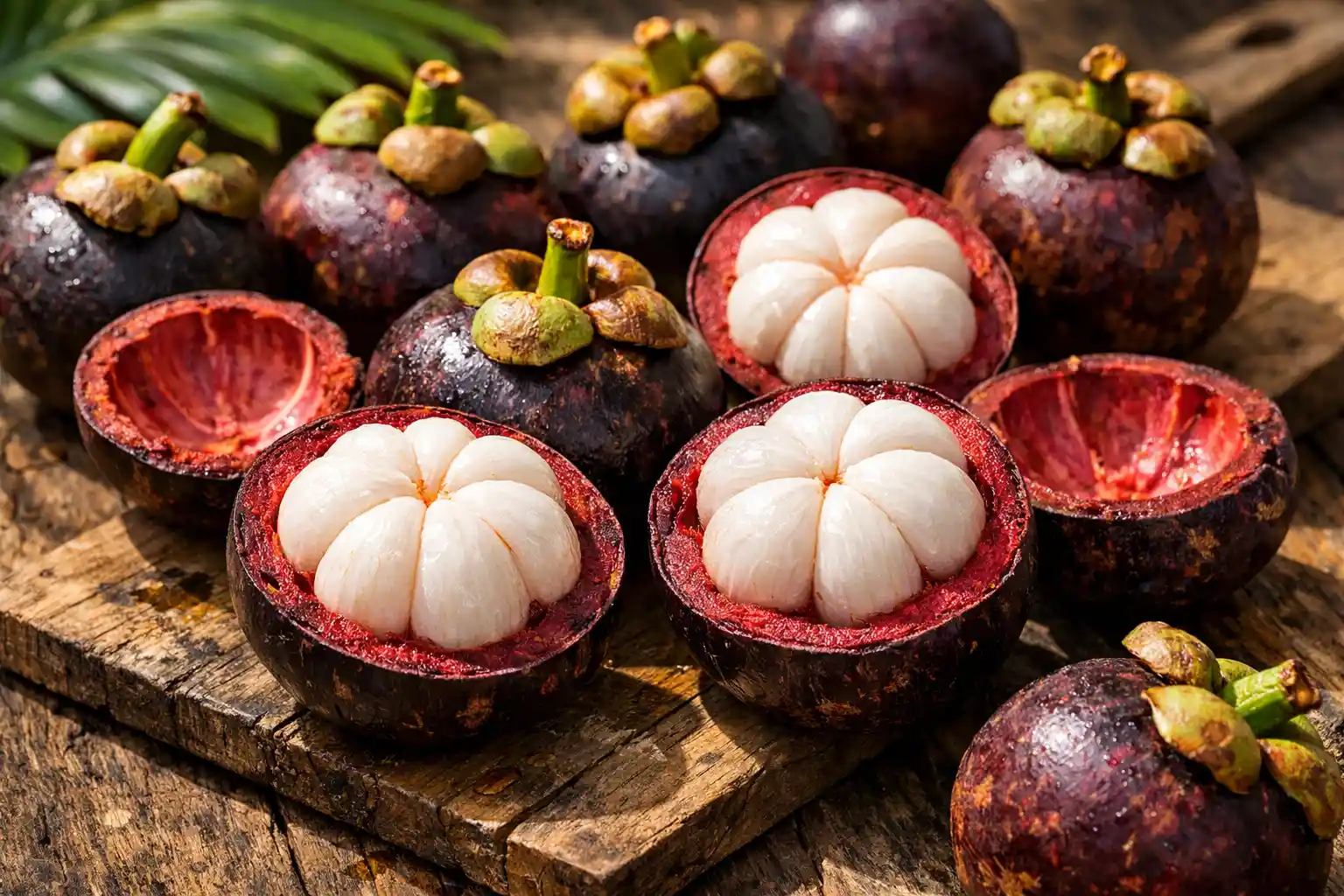 Fresh Purple Mangosteens Opened to Reveal Juicy White Segments on a Tropical Table