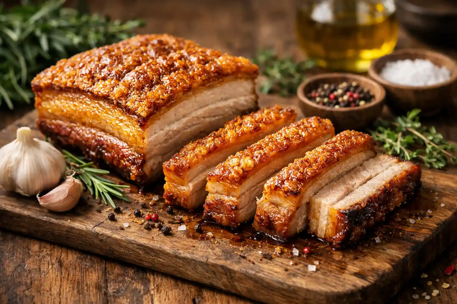 Golden crispy pork belly served with herbs on a rustic wooden table
