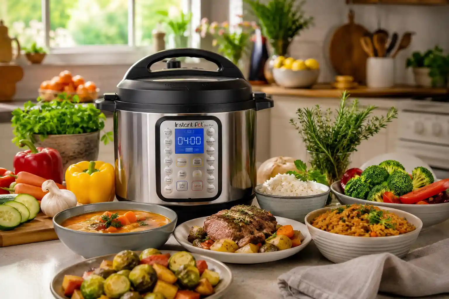 A bright modern kitchen with a popular electric Instant Pot on the countertop surrounded by colorful fresh vegetables, herbs, bowls of soup, rice, and family style meals. Warm sunlight through the window creates a welcoming atmosphere. Realistic photography, highly detailed, vibrant colors, magazine quality, inviting home kitchen