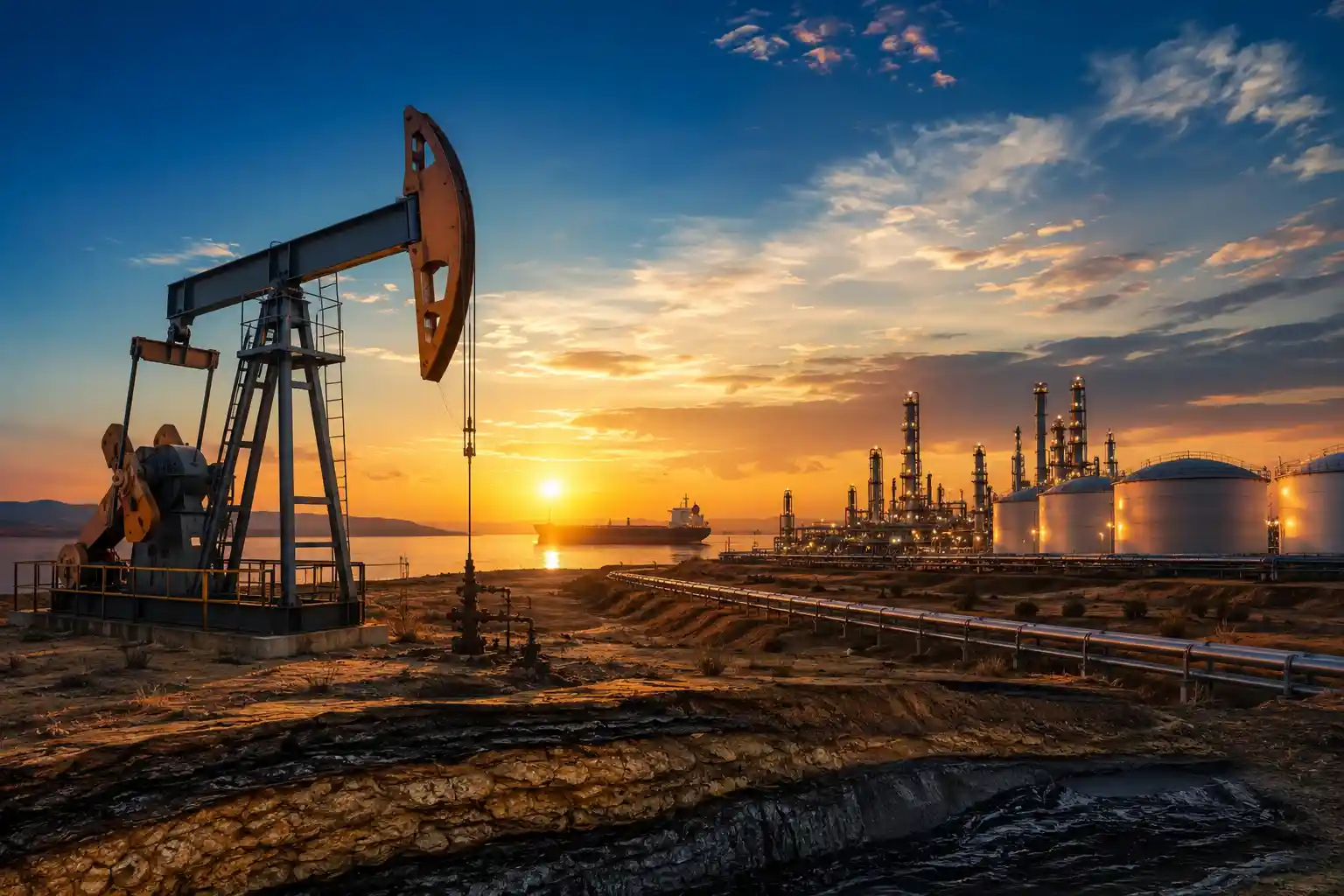 Oil pumpjack and refinery at sunrise