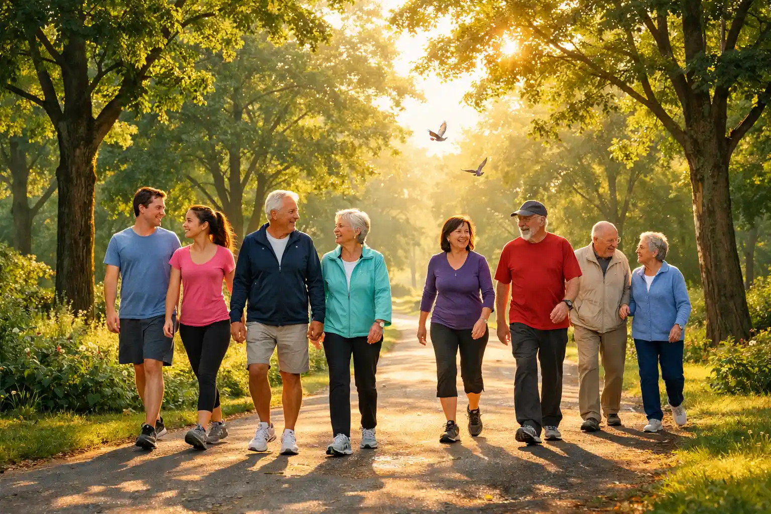 People enjoying a healthy morning walk in a beautiful park