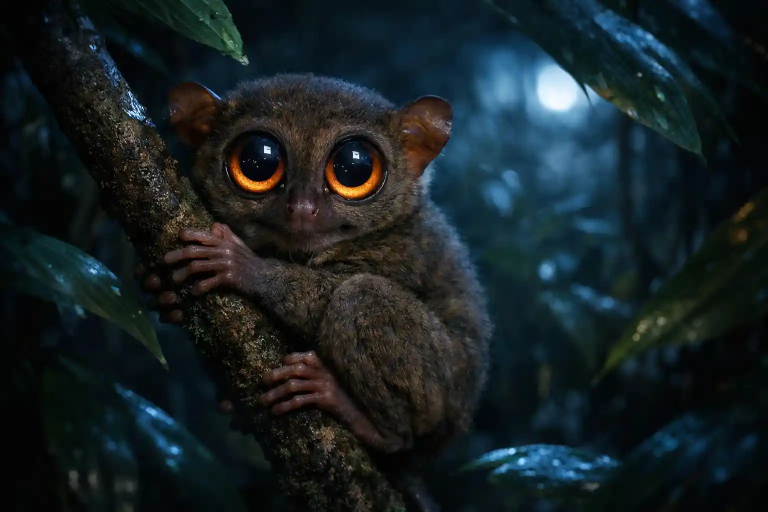 Philippine tarsier with giant glowing eyes in the rainforest at night