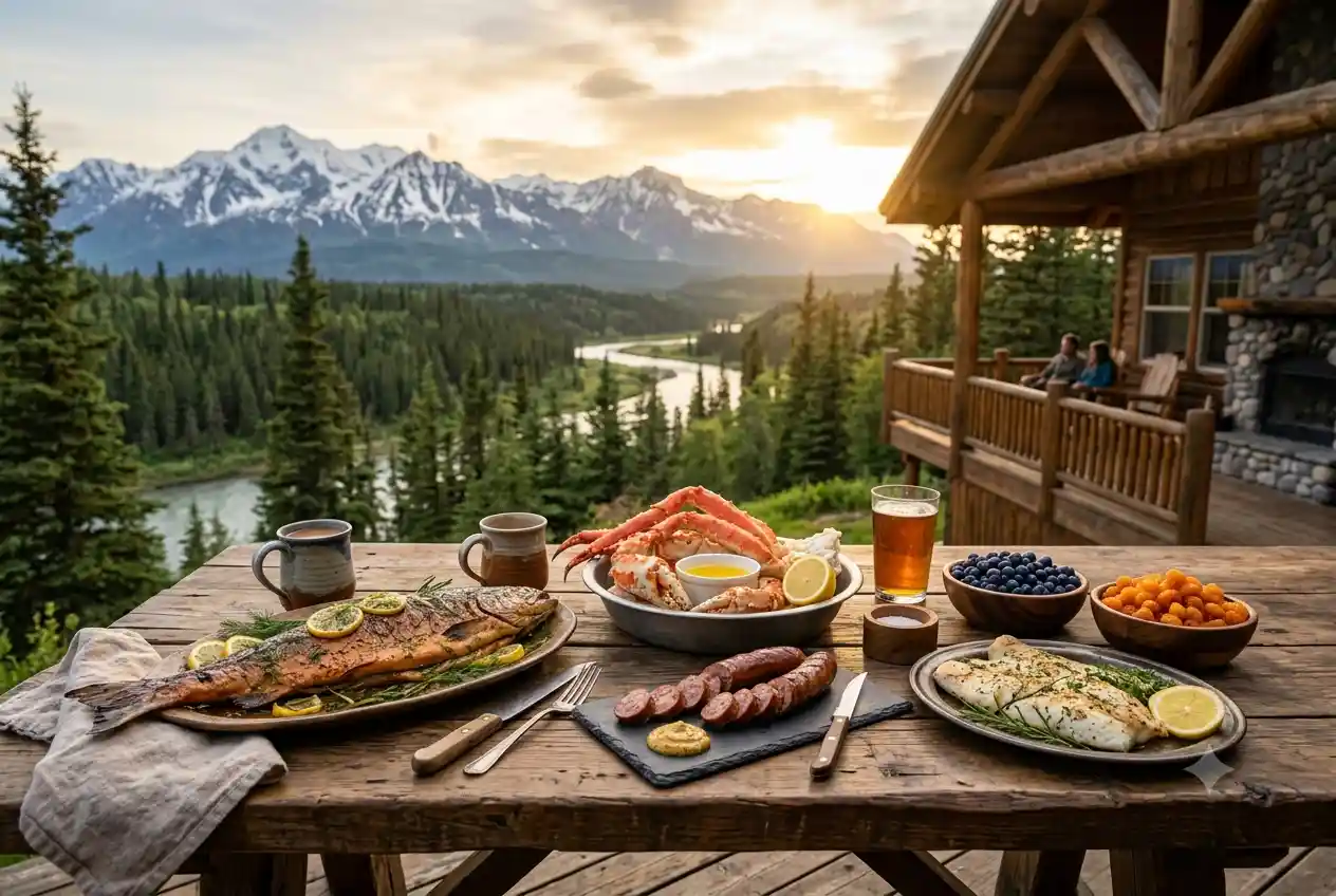 Traditional Foods of Alaska with Mountain Scenery