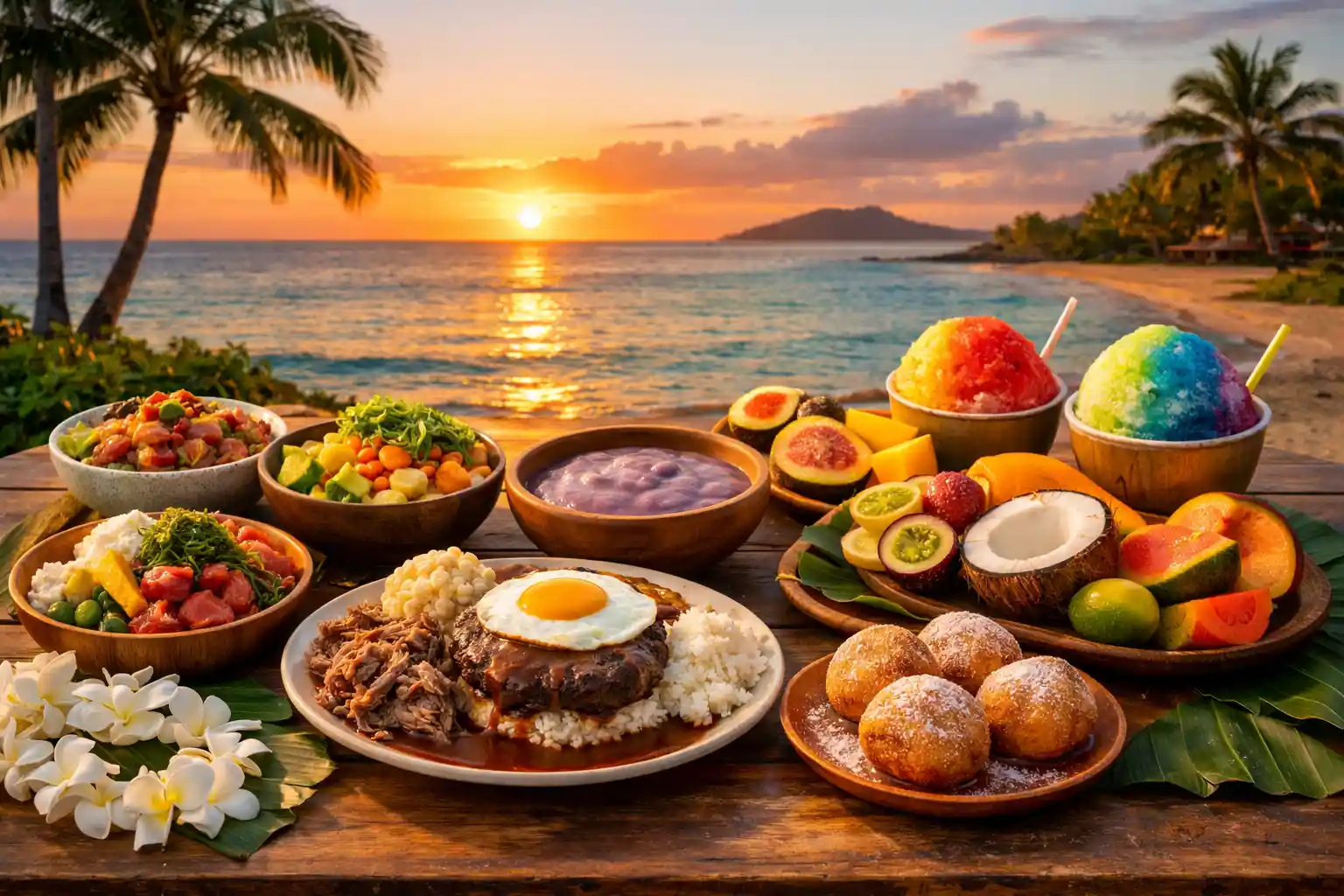 Traditional Hawaiian foods served beside a beautiful beach in Hawaii
