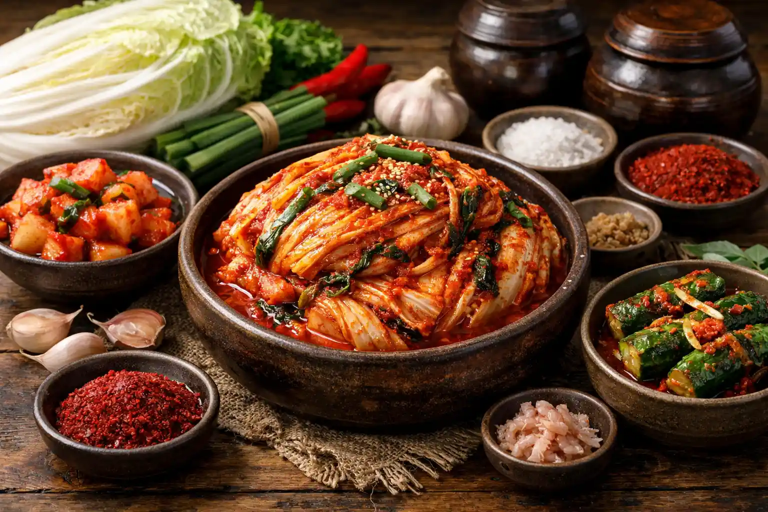 Traditional Korean Kimchi and Fresh Ingredients on a Korean Dining Table