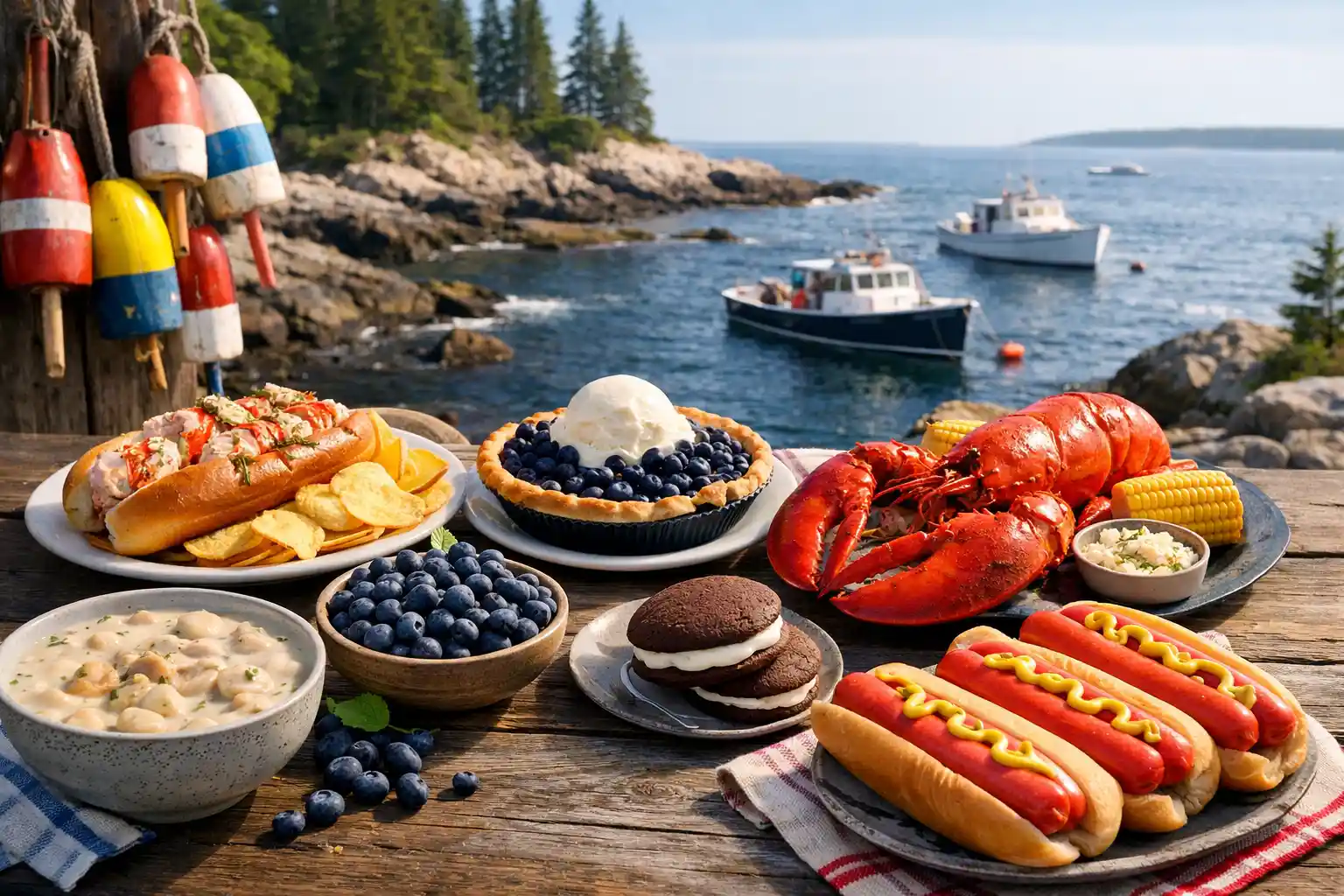 Traditional Maine foods overlooking the scenic Atlantic coast