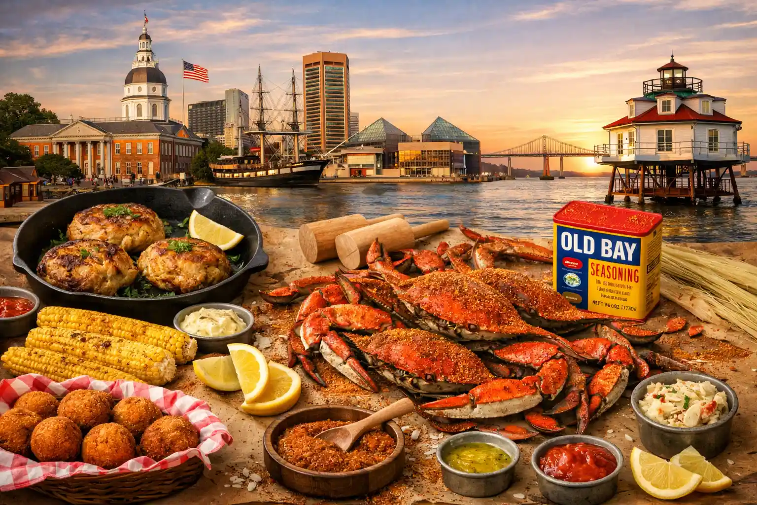 Traditional Maryland seafood feast with blue crabs and crab cakes