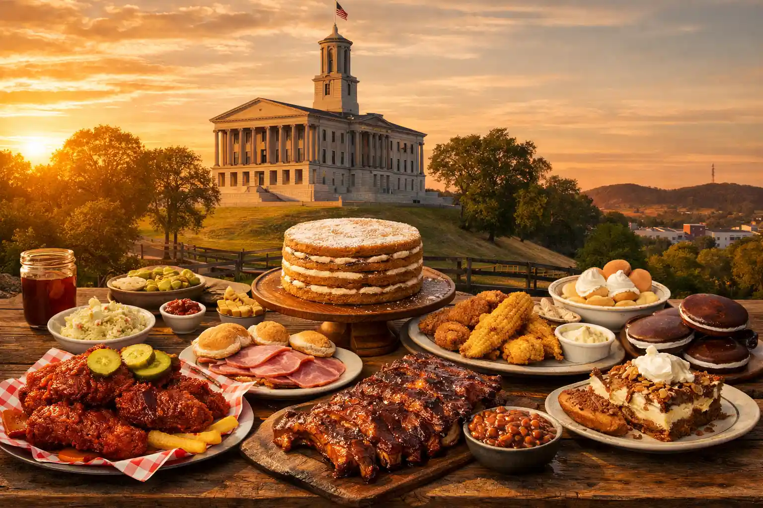 Traditional Tennessee Foods Displayed on a Southern Farm Table