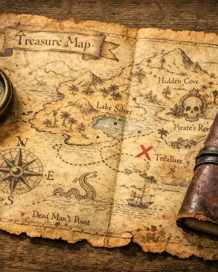 Antique treasure map and exploration tools for legendary lost fortunes