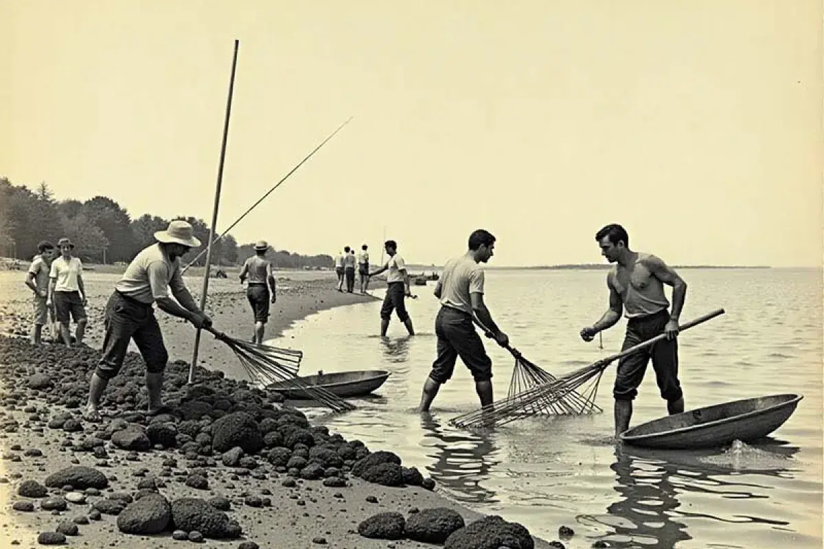 Early clam harvesters collecting little neck clams in New York