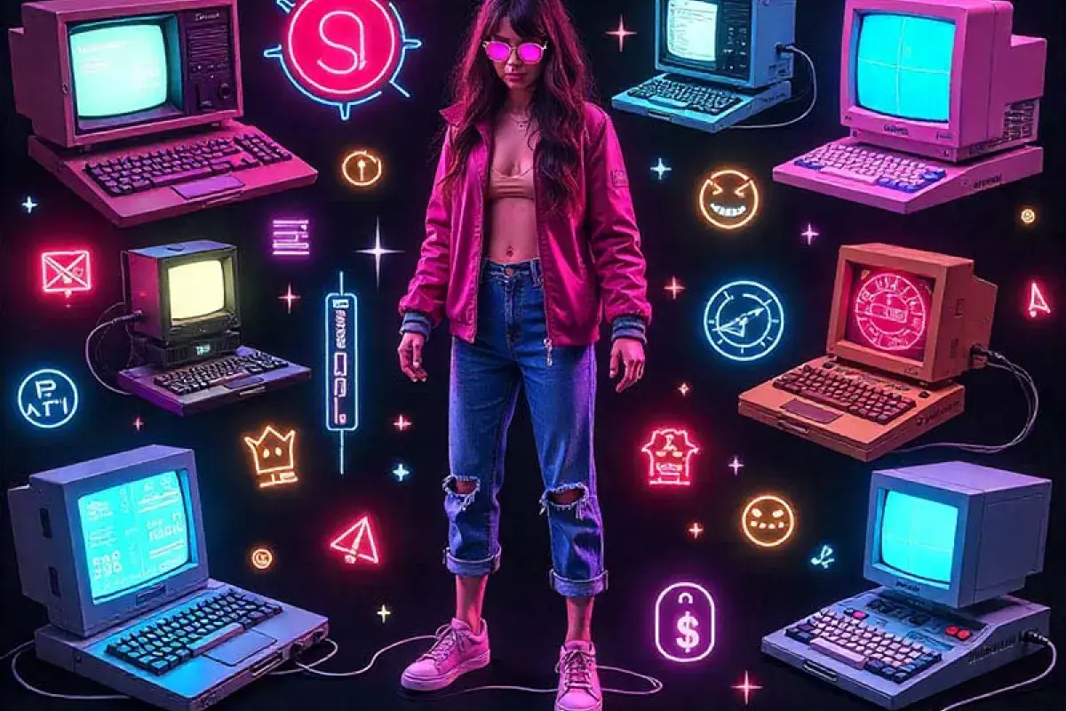 1990s fashion and tech nostalgia collage