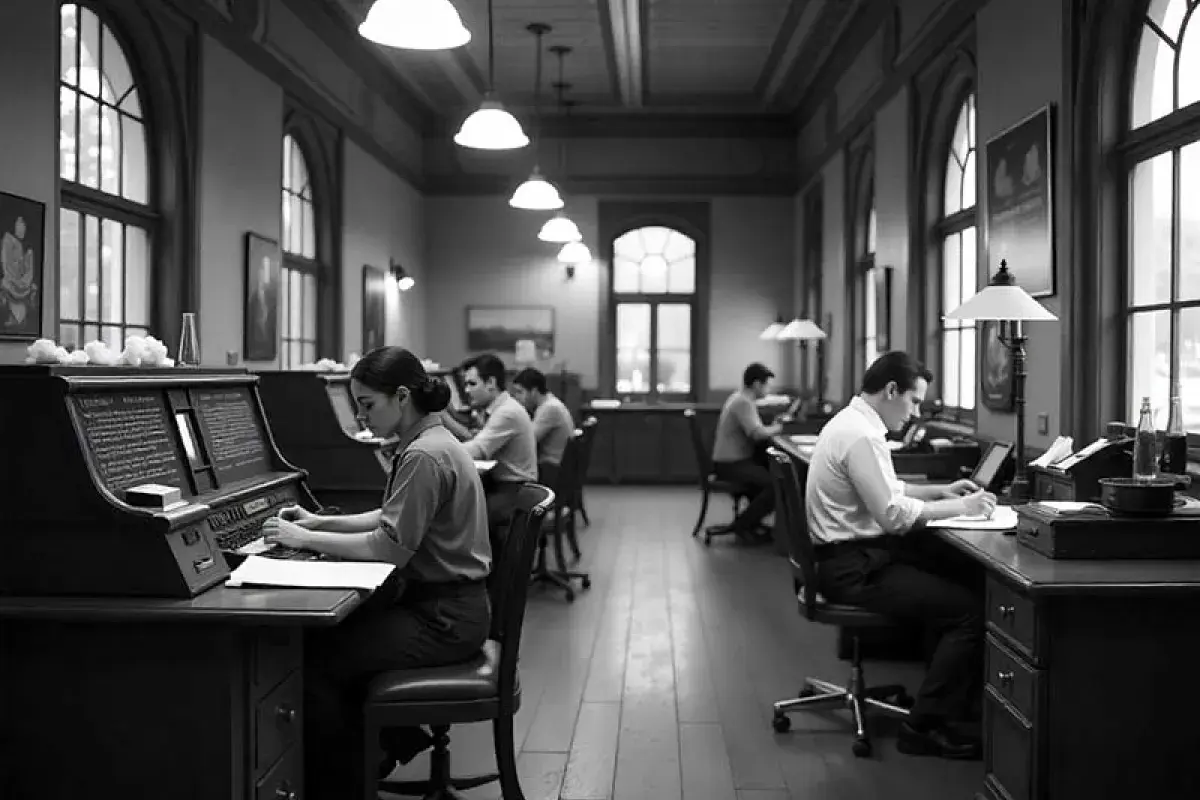 Historical bank office showing staff working limited hours