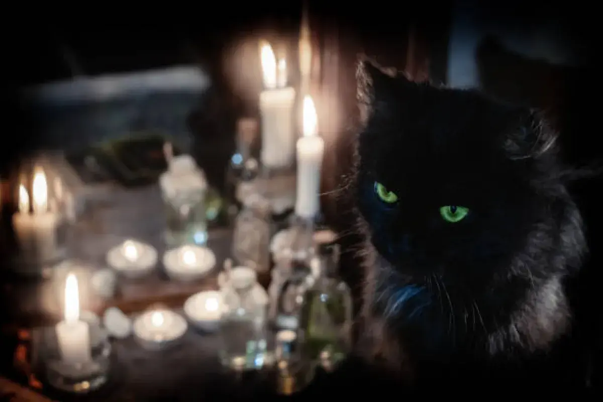 A black cat representing magical familiars in folklore