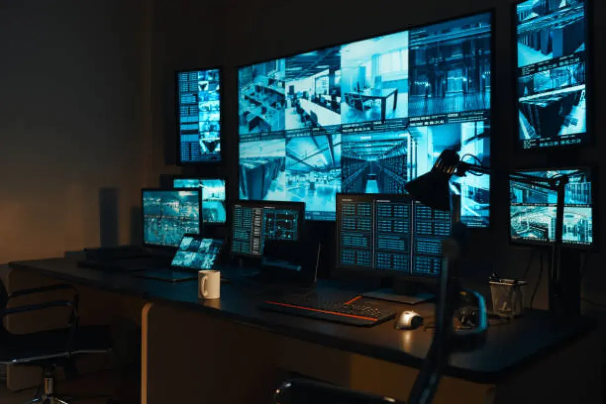Bank security control room with digital monitoring screens
