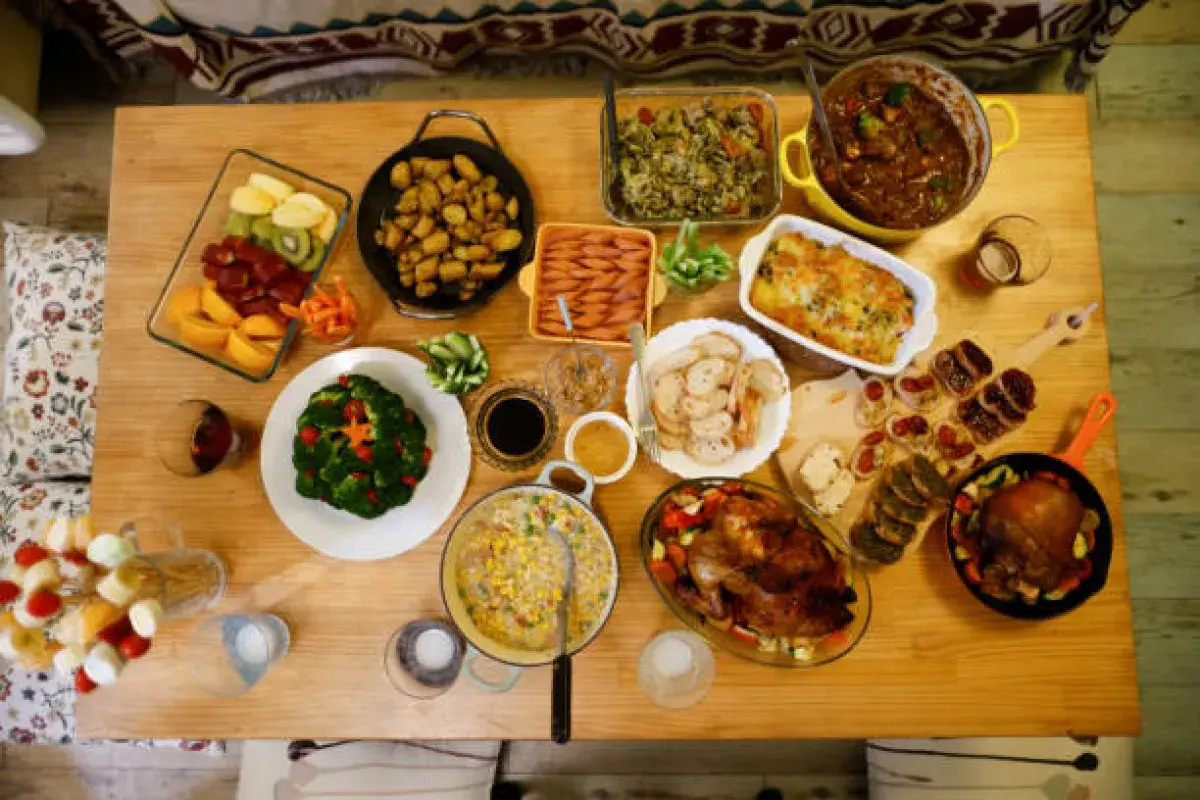Traditional American family table featuring large home cooked portions