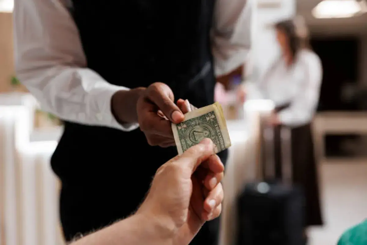 American hotel guest leaving a tip for housekeeping staff.
