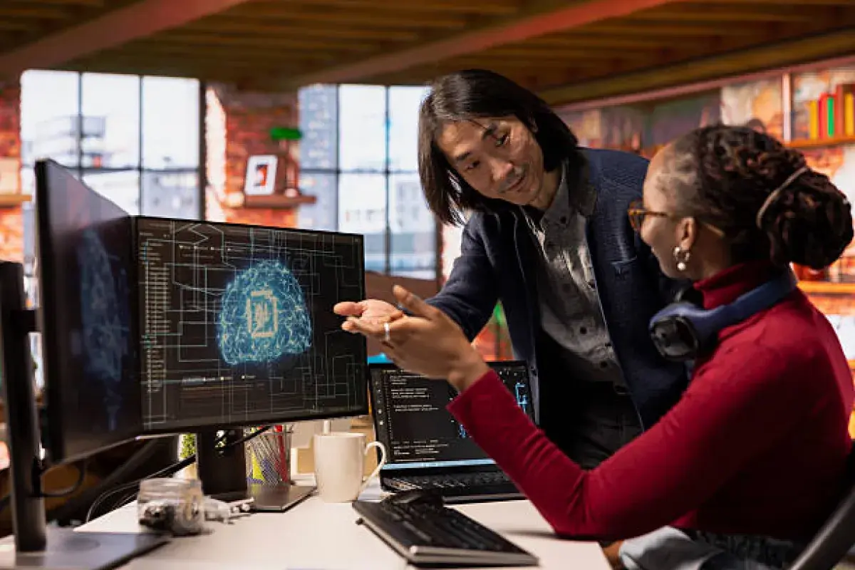 Team of American workers collaborating with AI support