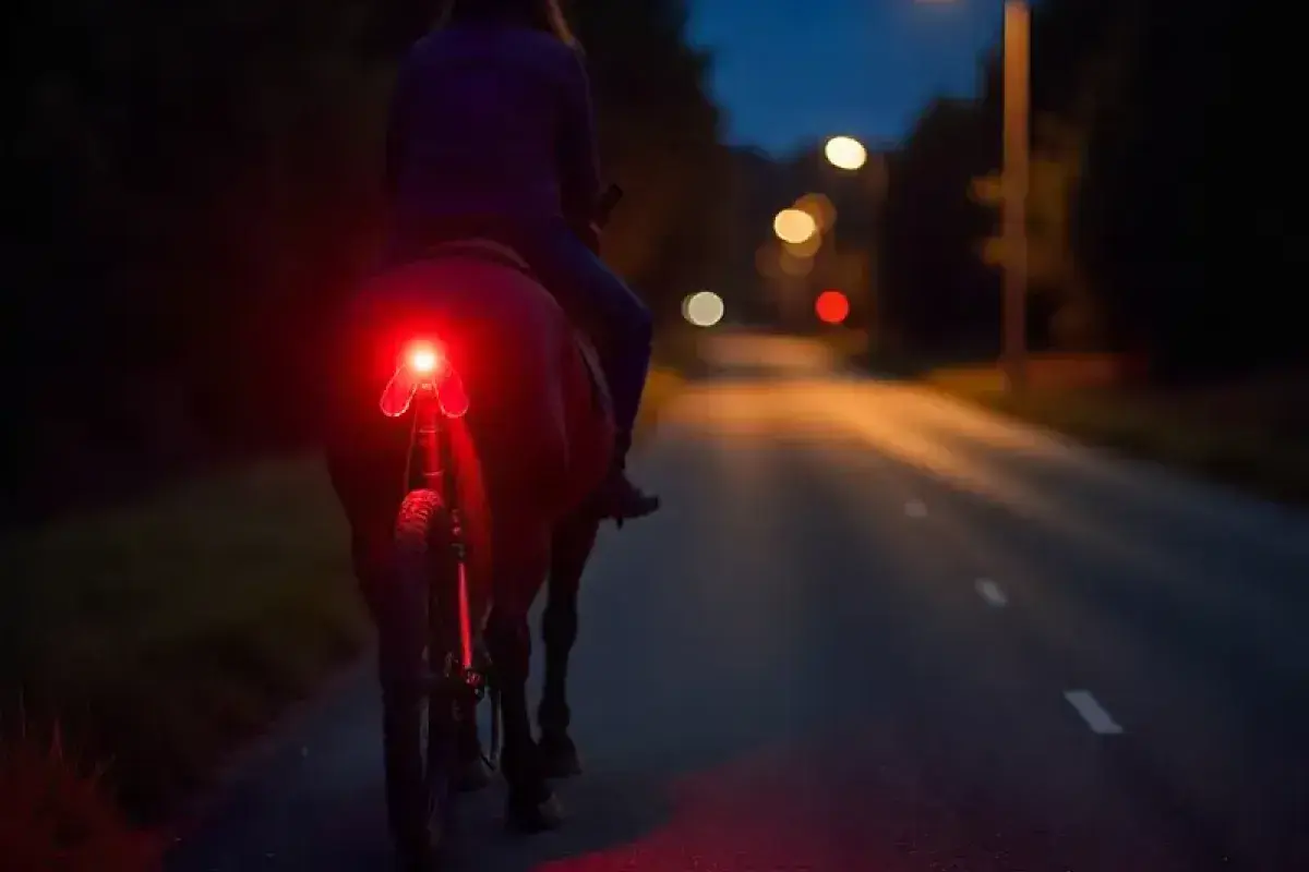 Horse wearing a rear bicycle light on a dark road