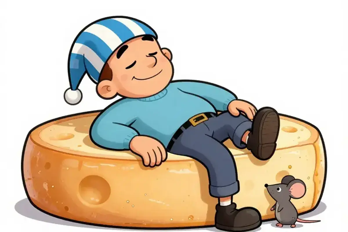 Man sleeping inside cheese shop illustration