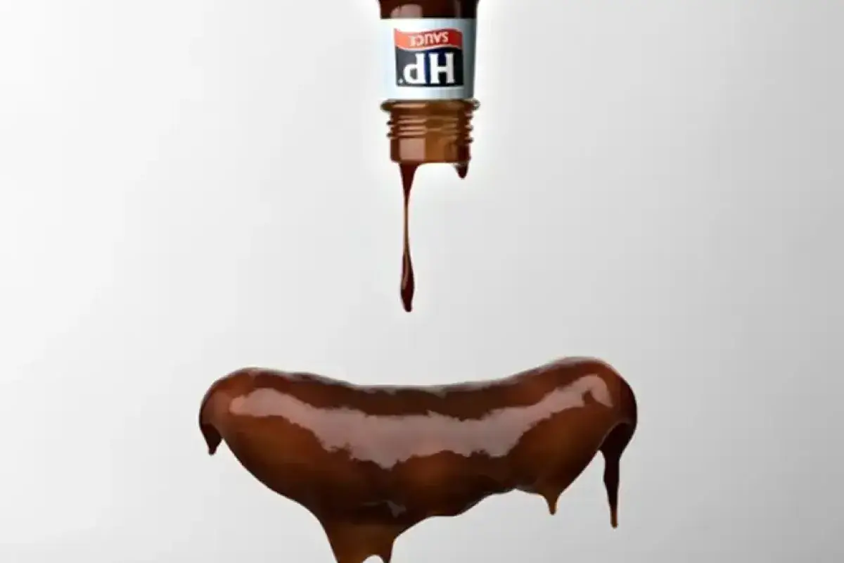 HP Sauce highlighting its thick tangy texture on food