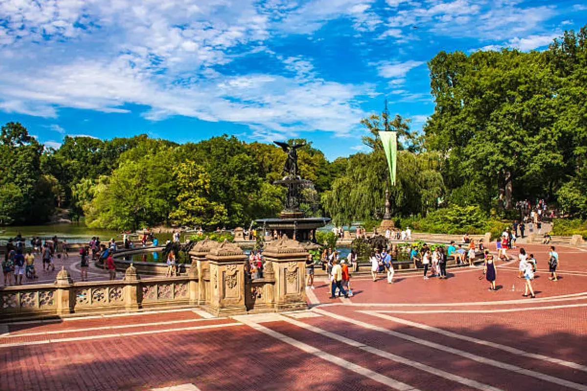 Tourists walking near Bethesda Terrace in Central Park