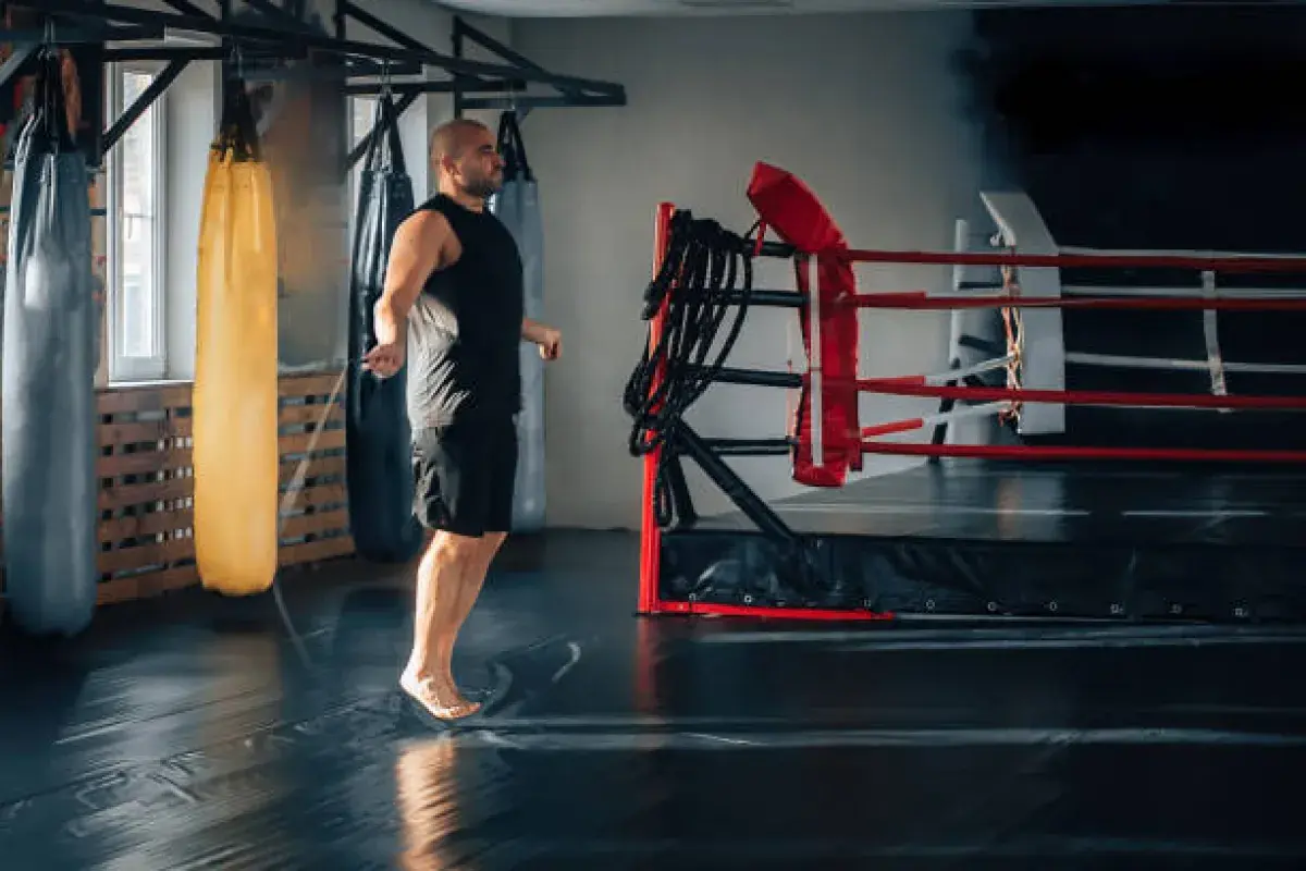 Boxer training in a gym while jumping rope