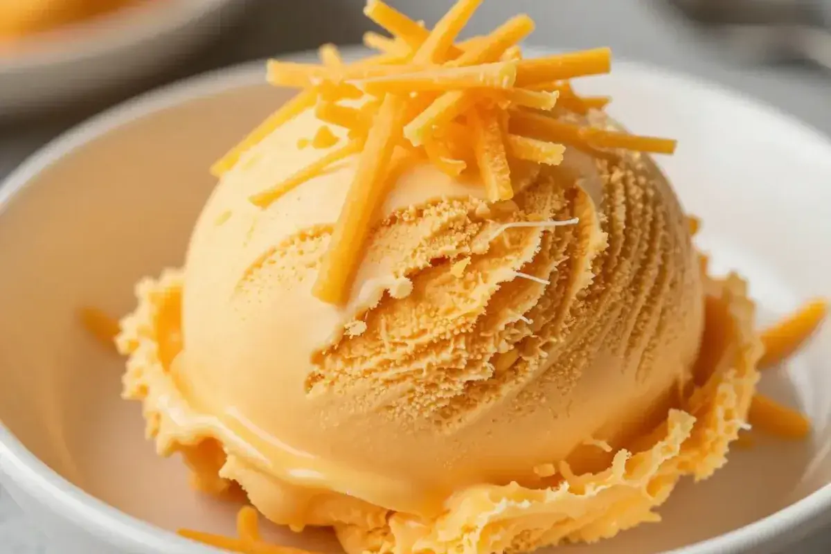 Bright orange Filipino cheese ice cream with shredded cheddar