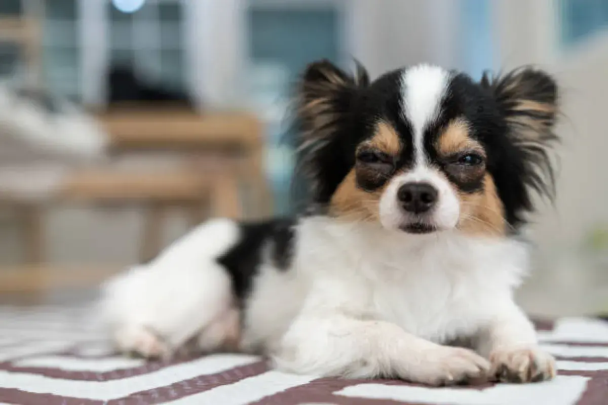 Long haired Chihuahua resting comfortably at home