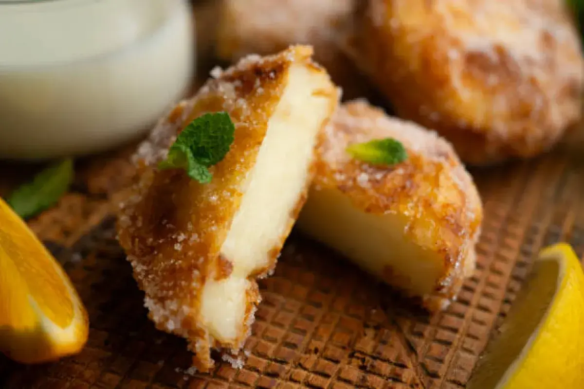 Spanish fried milk dessert with golden crust and sugar topping