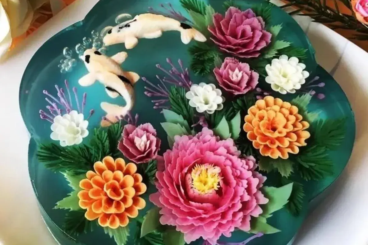 Transparent floral jelly cake with intricate design