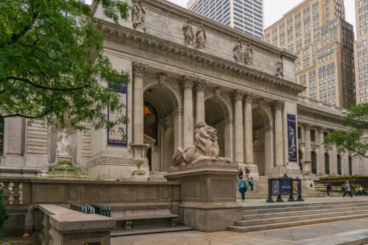 Main entrance of New York Public Library with marble lions