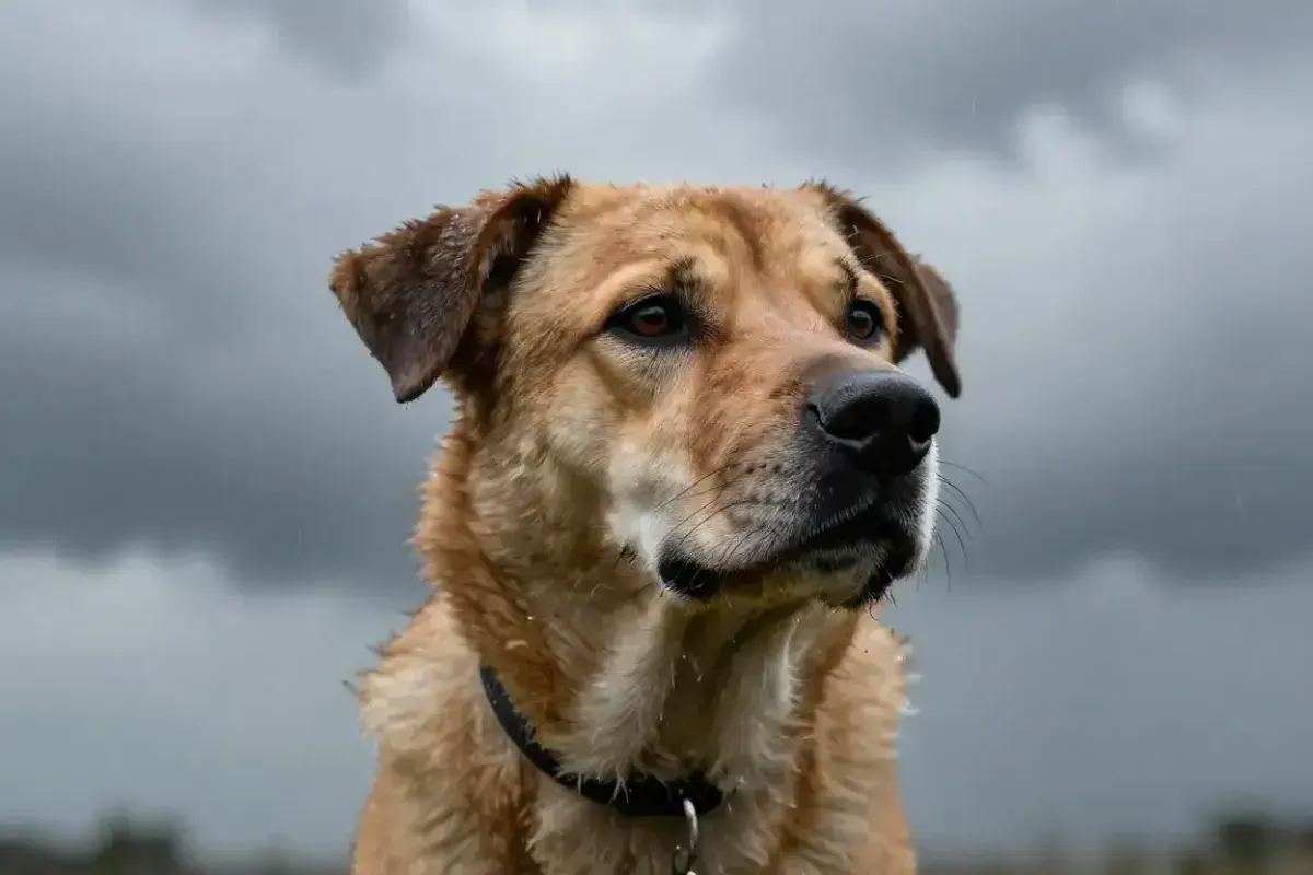Dog looking alert during stormy weather