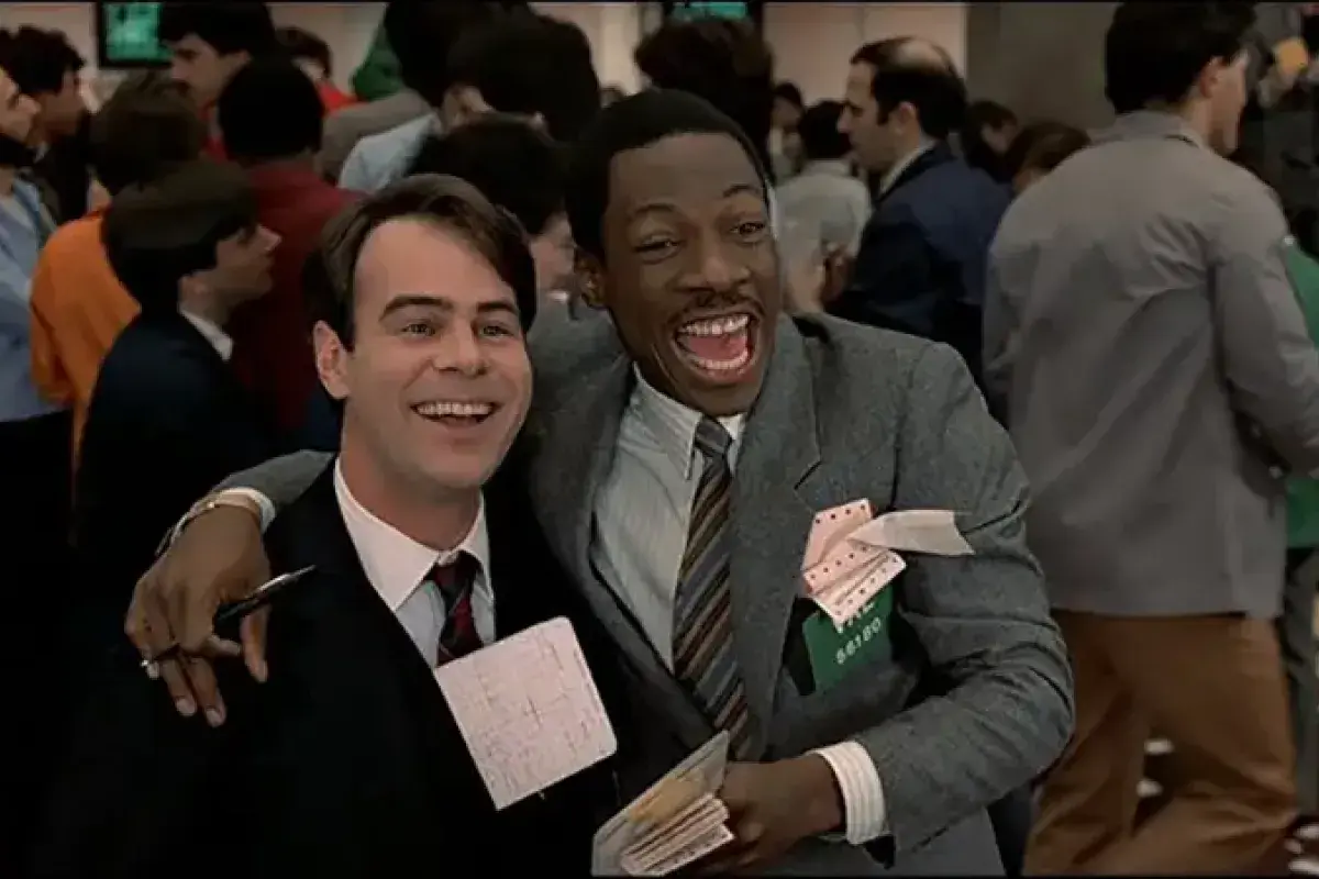 Trading Places comedic Wall Street trading floor scene