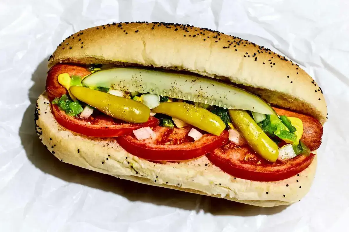 Authentic Chicago style hot dog with full toppings