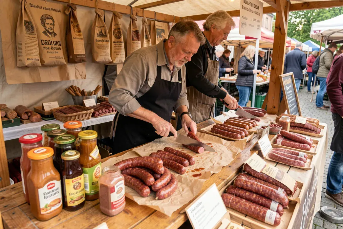 Authentic German sausages at an outdoor market stall