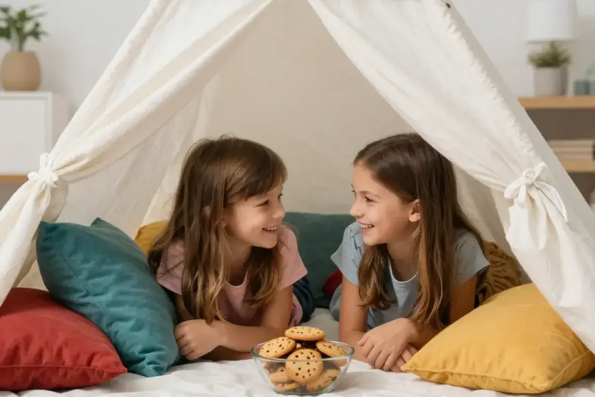Kids enjoying a sleepover inside a homemade pillow fort