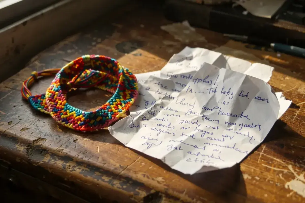 Handcrafted friendship bracelets and a small handwritten note