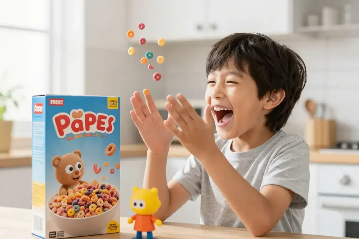 Excited child discovering a collectible toy in a cereal box