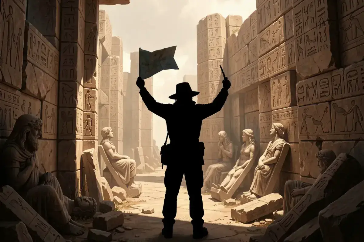 Explorer contemplating legendary lost treasures