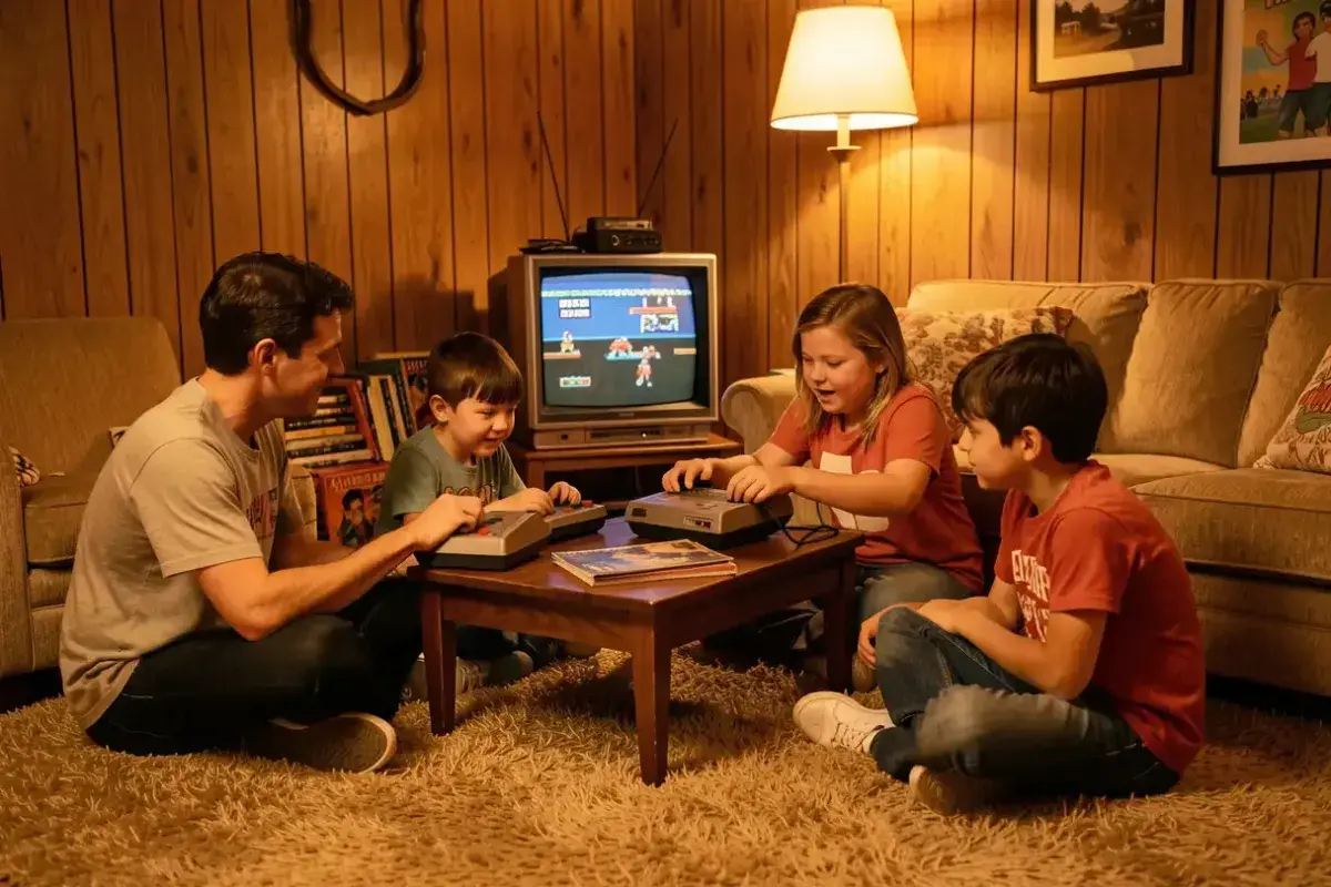 Family playing Atari in a 1970s living room