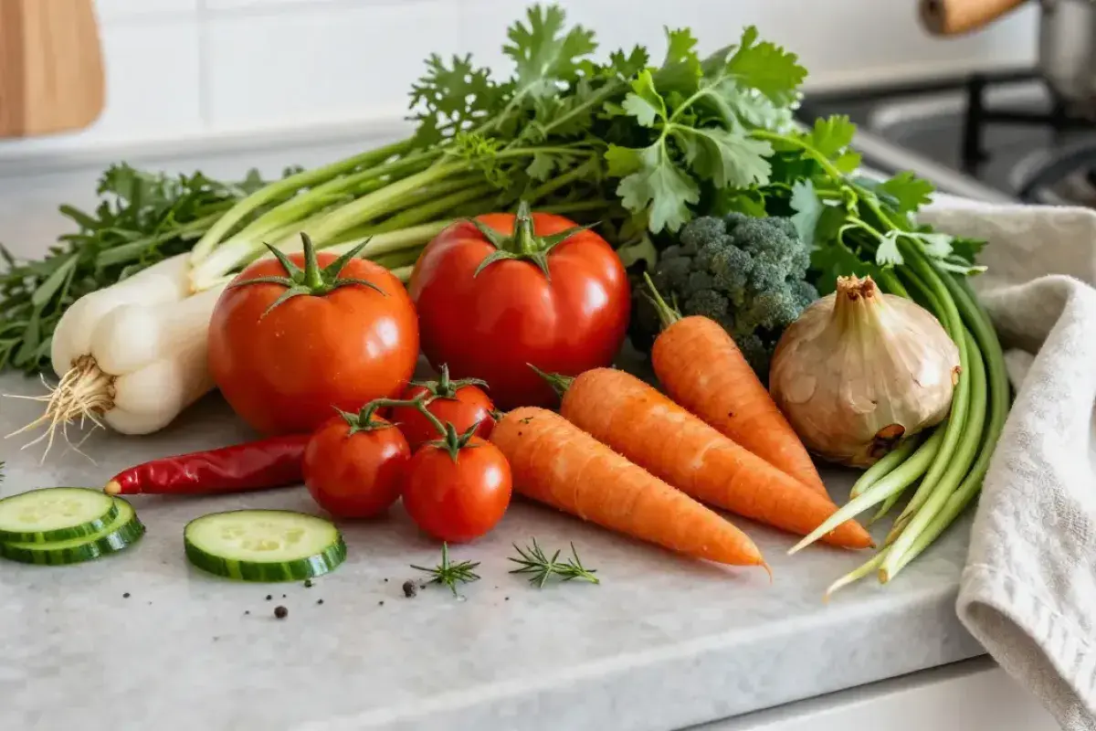 Fresh colorful vegetables arranged neatly on a kitchen counter