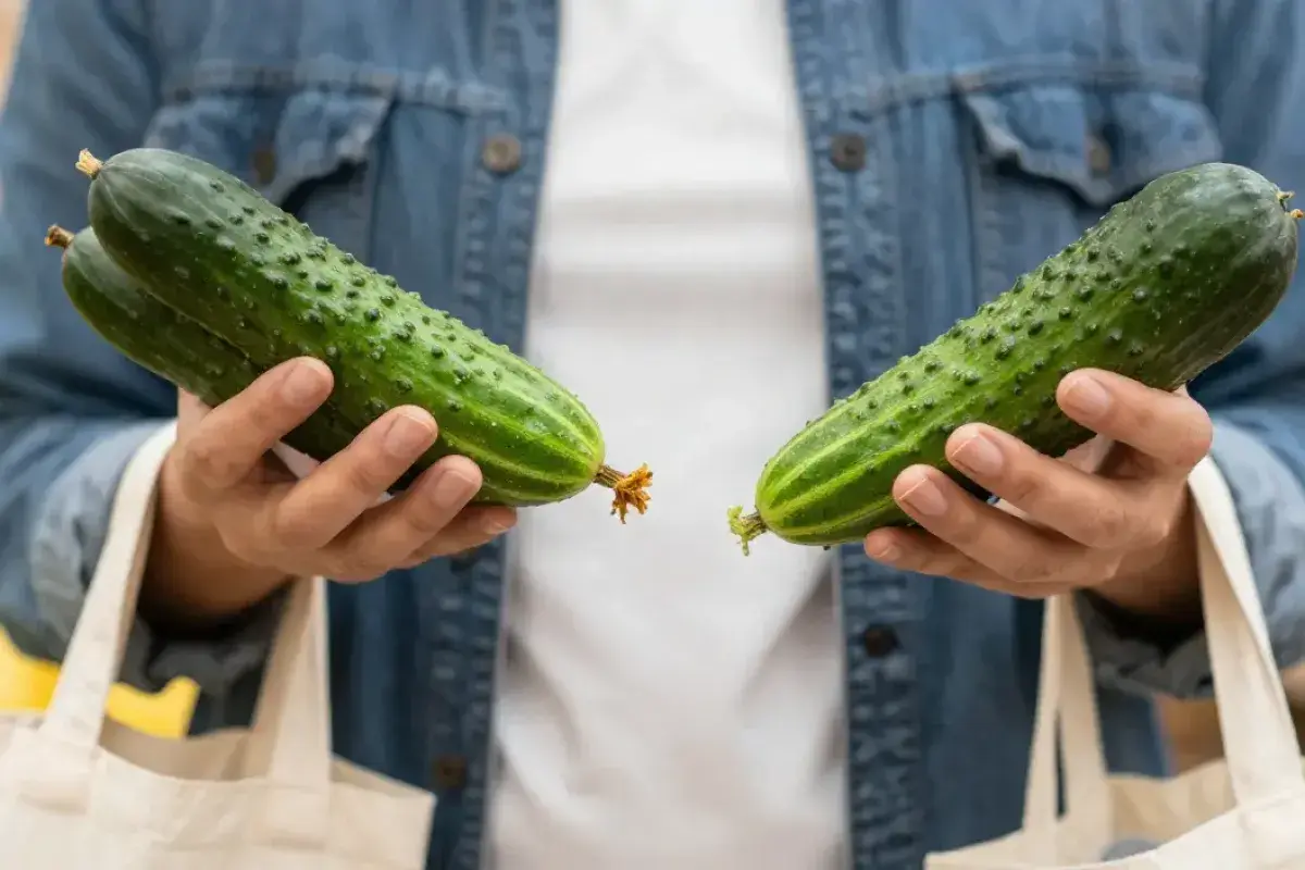 Hands comparing the weight of fresh cucumbers at a market