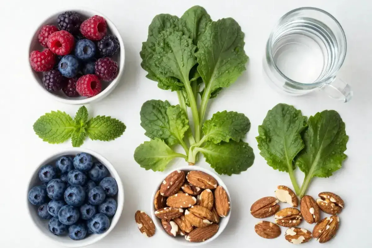 Healthy foods and water supporting skin health and natural aging