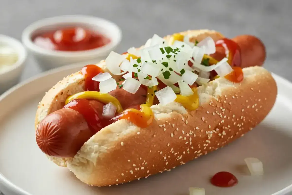 Properly dressed hot dog served according to etiquette guidelines