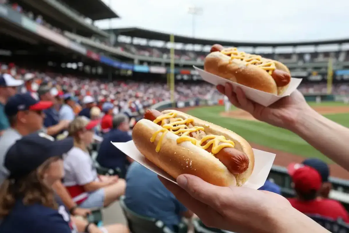 Classic hot dogs at a packed summer baseball game