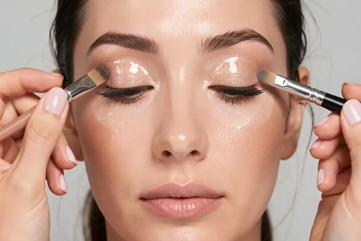 Makeup artist applying glossy eyelid effect for a fashion shoot