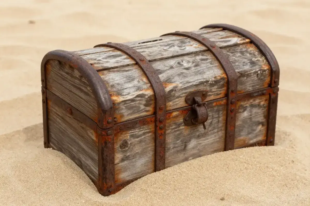 Old pirate chest buried in sand, evoking the legend of Blackbeard's treasure